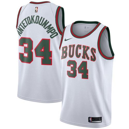 Men Nike Milwaukee Bucks #34 Giannis Antetokounmpo White Throwback NBA Swingman Hardwood Classics Jersey->utah jazz->NBA Jersey